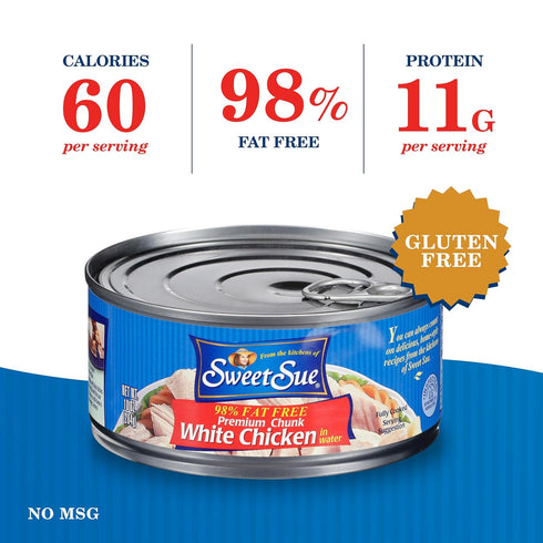 11g 10 oz (Pack 12) Sweet Sue Canned Chicken Breast with Rib Meat in Water - Protein per Serving - Gluten Free, Keto