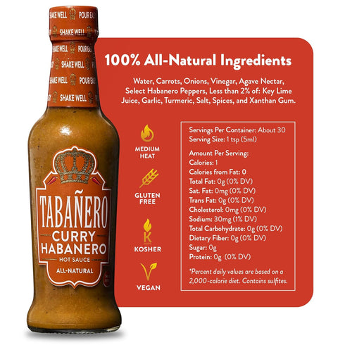 5 oz Tabaero Curry Habanero Hot Sauce, Small Glass Bottle, Gourmet Spicy Sauce Gift, All Natural, Low Sodium, Made