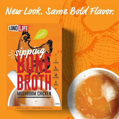 10g 10 Pack LonoLife Mushroom Chicken Bone Broth Powder Mix | Protein | Collagen-Rich, Keto & Paleo Friendly | Natural
