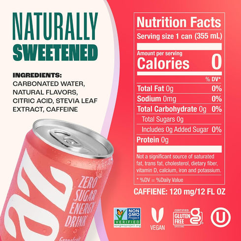 Drink,Grapefruit,12 oz Verified,Gluten-Free,Vegan,(Pack 24) Zevia Zero Sugar Energy Cans Naturally Sweetened,Non-GMO