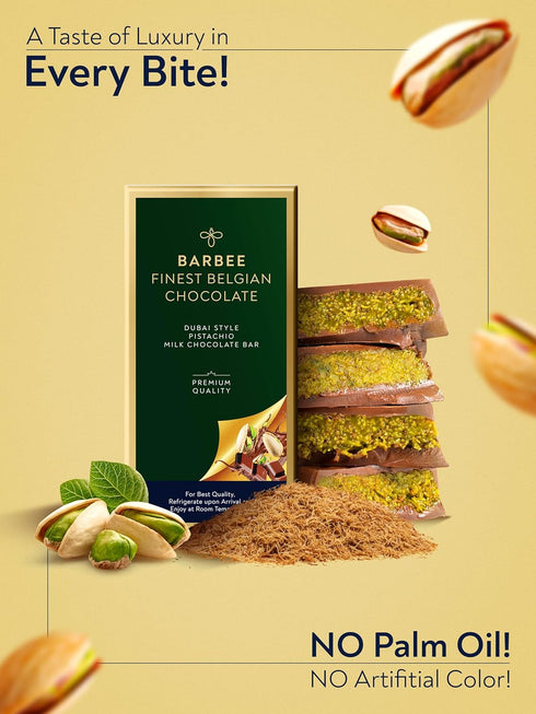 3.5 oz (100g) BARBEE Dubai Chocolate Bar Pistachio | Handmade Belgian Chocolate with Dark Chocolate Flavour With Creamy
