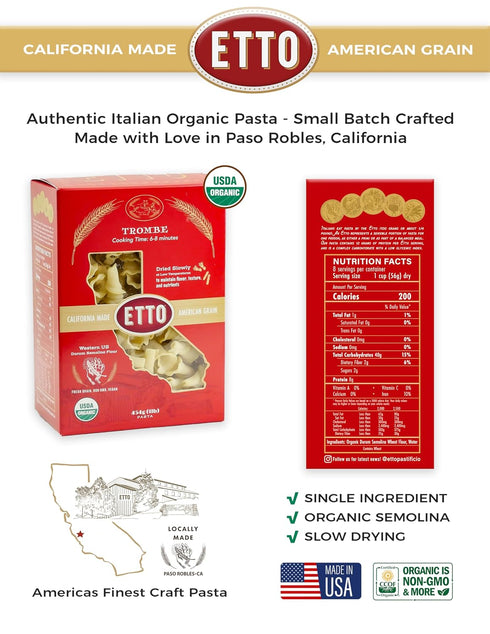 4 (4 Etto Pasta- Organic Trombe Pasta- Single Ingredient- Non-GMO Pasta- Vegan, Vegetarian, Organic Pasta.