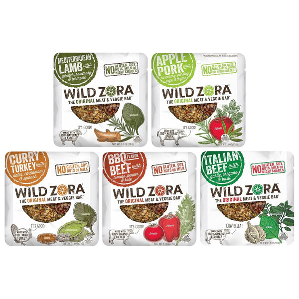 Wild Zora Meat & Veggie Bars, Variety 5-Pack, Natural Jerky Snacks, Healthy Paleo, Gluten Free