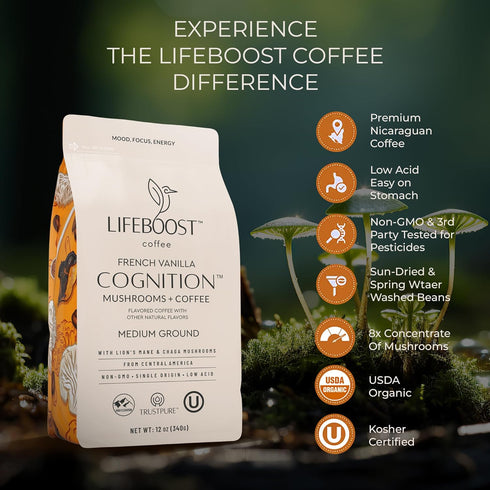Immune 12 oz Lifeboost French Vanilla Cognition Mushroom Coffee - Low Acid Medium Organic Coffee with Nootropic Lions
