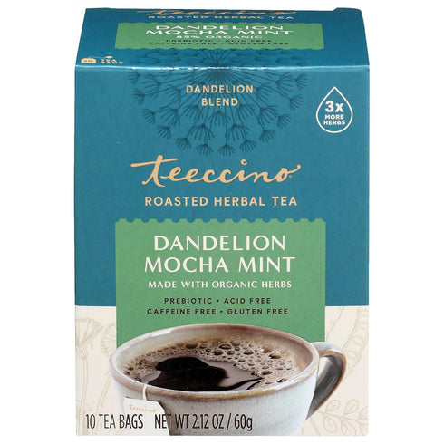Teeccino Dandelion Mocha Mint Tea - Caffeine Free Herbal Tea with Prebiotics, 10 Tea Bags