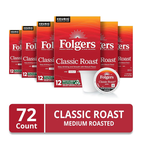 12 Count (Pack 6) Folgers Classic Roast, Medium Roast Coffee, Keurig K-Cup Pods, Boxes
