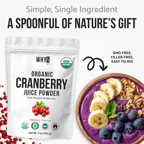 9 oz (255g) Organic Cranberry Juice Powder Wildberry Source Rich in Natural Vitamin C Cold-Pressed & Water-Soluble
