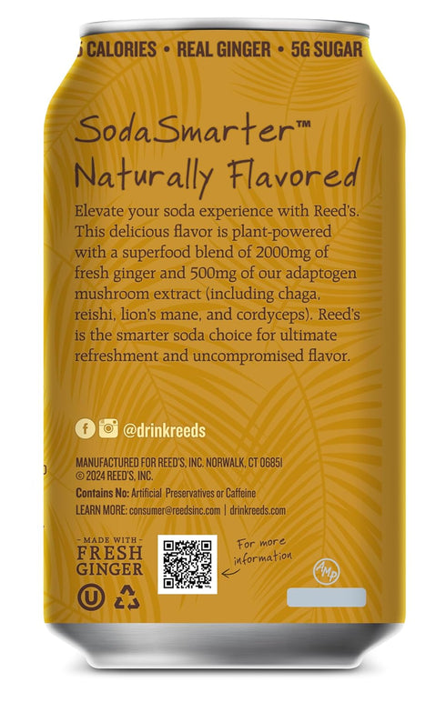 12oz 12-Pack Reed's Root Beer Functional Soda - Organic Ginger, Adaptogen Mushroom Blend, Prebiotics - Cans