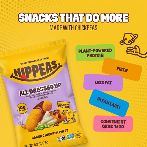 18 0.8 oz 3g 2g 50% 9 Hippeas Chickpea Puffs, All Dressed Up, x Bags, Baked Crunchy Chickpea Snacks with Plant Protein
