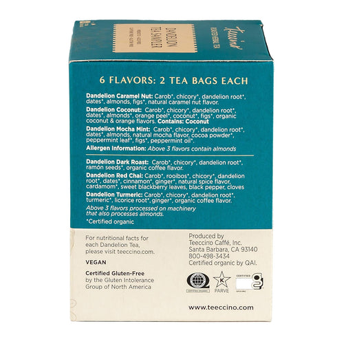 12 3x Teeccino Dandelion Tea Sampler - Tea Bags - Caramel Nut, Coconut, Dark Roast, Mocha Mint, Red Chai, Turmeric