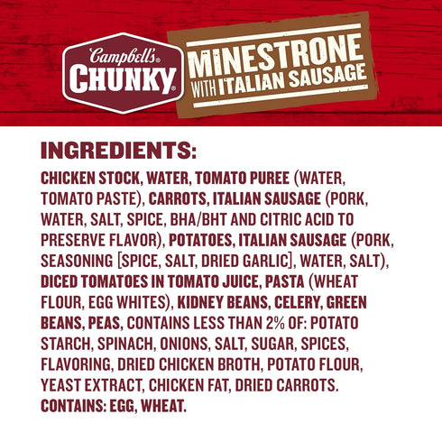 18.8 12) Campbells Chunky Soup, Minestrone With Italian Sausage Soup, Ounce Can (Case