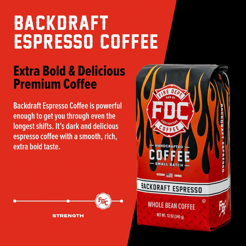 12 oz Fire Department Coffee - Gives Back to Firefighters - Backdraft Espresso Coffee Beans - Smooth & Rich - Roasted