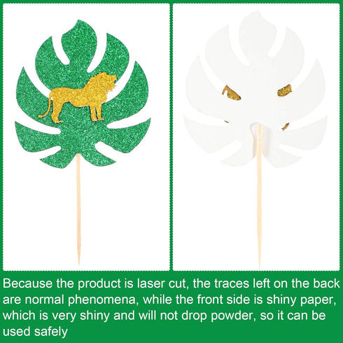 36 Pieces Jungle Style Animal Cupcake Toppers, Gold Glitter Palm Leaves Cake Decorations for Parties