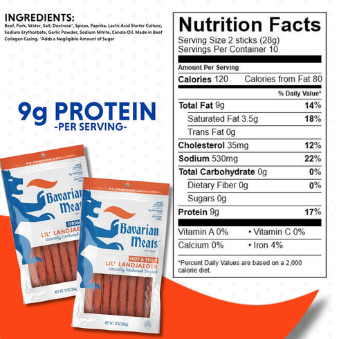 10 Bavarian Meats Lil' Landjaeger Meat Sticks, Smoked Sausage Protein Snacks, Zero Sugar, Great Source of Protein