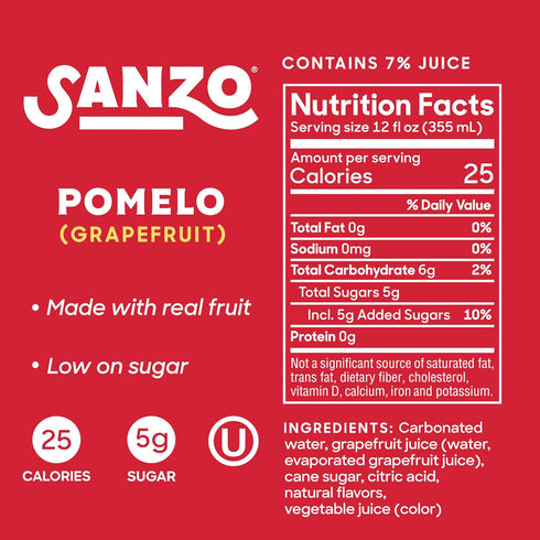 12oz, 6 Pack Sanzo Flavored Sparkling Water - Pomelo Grapefruit Seltzer - Low Calorie Low Sugar - Craft Asian Drinks