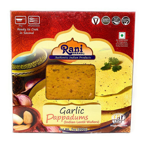 Rani Pappadums Garlic Papad, 7oz (200g), Indian Lentil Wafer Snack, Gluten Friendly, Vegan
