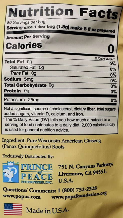 100% 80 Prince of Peace American Wisconsin Ginseng Root Tea, Tea Bags