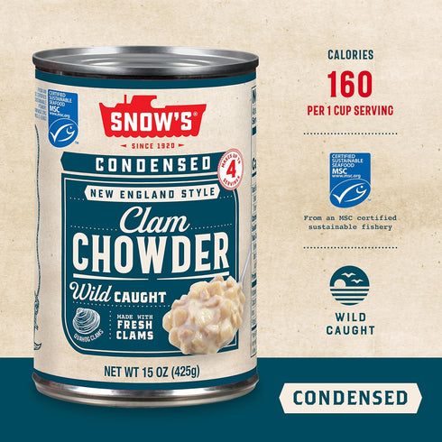 15 oz (Pack 12) 4g Snow's Condensed New England Clam Chowder, Can of - Protein per Serving - Authentic New England
