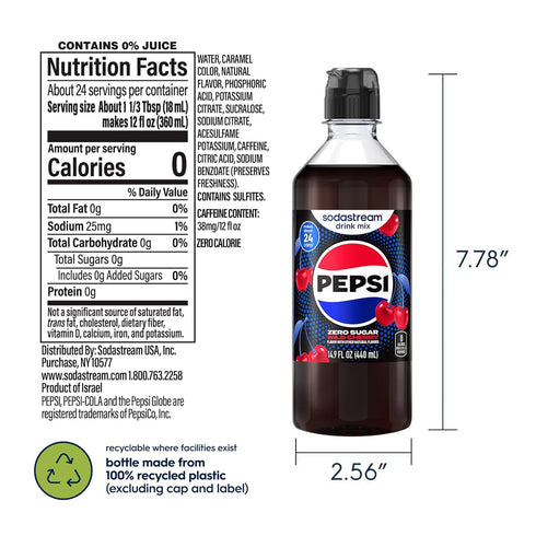 Pack 440ml (Pack 4) SodaStream Pepsi Wild Cherry Zero, MTN Dew Code Red Zero, Starry Zero & Mug Root Zero New Pour