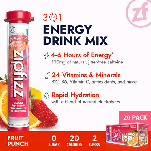 20 Pack 3-in-1 B-12 Zipfizz Daily Energy Drink Powder, Fruit Punch, Sustained Energy, Rapid Hydration, and Essential