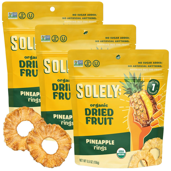 SOLELY - Organic Dried Pineapple Rings (5.5 oz Resealable Bags, Pack of