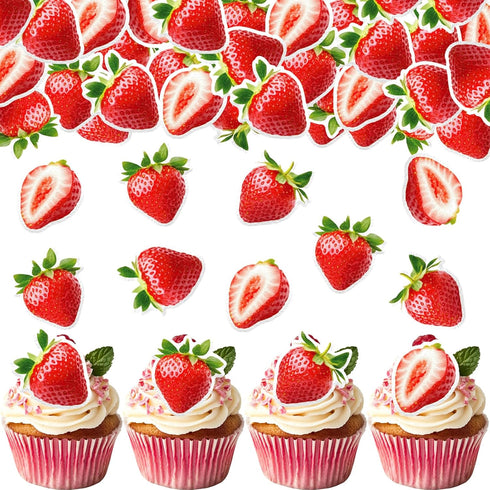45PCS Edible Strawberry Cupcake Toppers Wafer Paper Starwberry Cake Decoration Sweet Berry
