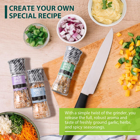 Soeos Spice Seasoning Set of 3 with Integrated Grinders: Spicy Garlic, Garlic & Herbs, Garlic Salt, Seasoning Gift Set