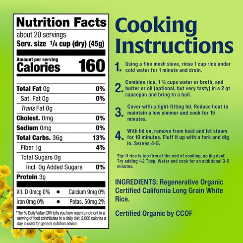 2lb Lundberg Organic Long Grain White Rice, Regenerative Organic Certified, Resealable Bag
