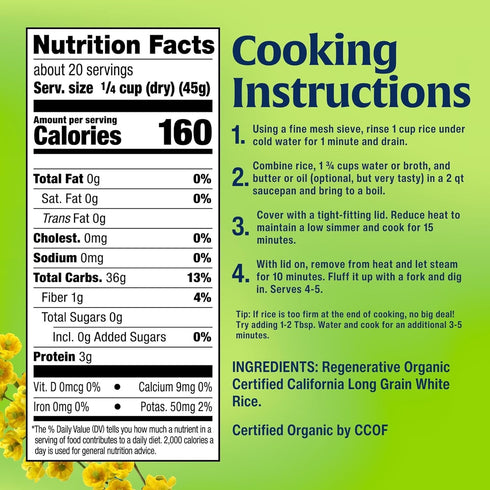 6-Pack 32 Oz Lundberg White Rice, Regenerative Organic Certified, Non-Sticky, Aromatic Long Grain Rice, Responsibly