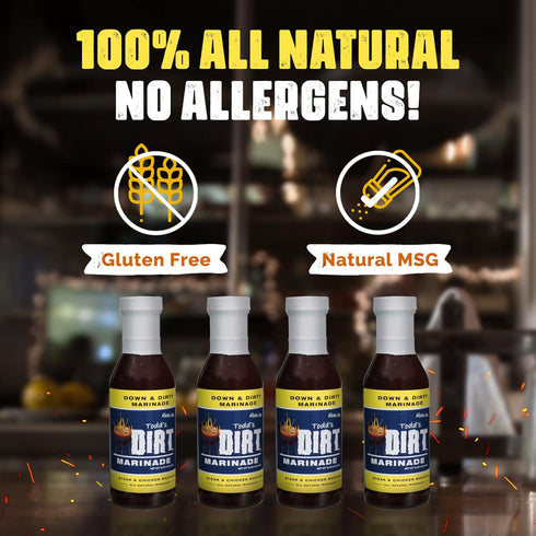 Todd's DIRT 15oz 4 Pack, 100% Todds DIRT - Down and DIRTY Marinade Bottles Steak, Pork and Chicken Marinade, Gourmet