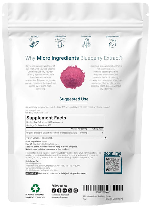 10oz 100% Organic Blueberry Extract Powder, | Natural Fruit Powder | Freeze-Dried Wild Blueberries Source | No Sugar