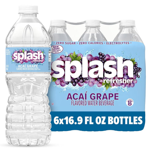 SPLASH REFRESHER Flavored Water Bottles, Acai Grape Flavor - 6-Pack, 16.9 Fl