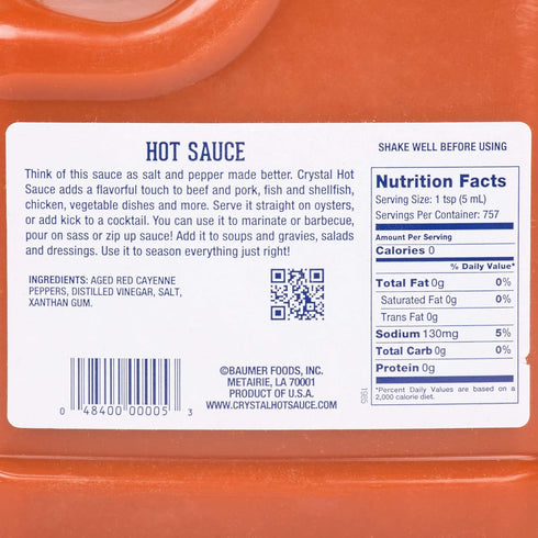 Crystal Hot 1 128 Oz Pack Louisiana's Pure Hot Sauce, Gallon / Fl Food Service