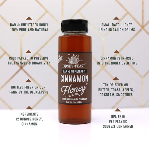 Packed 12 HONEY FEAST Organic Cinnamon Honey - Raw and Cold - Ounces - Small Batch Beekeeper Honey