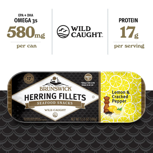 3.53 Oz (Pack 12) 15g Brunswick Herring Fillets in Lemon & Cracked Pepper, of - Protein per Serving - Gluten Free, Keto