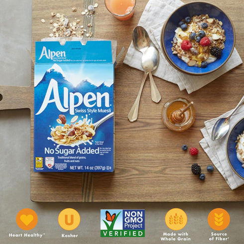 Alpen 14 OZ (Pack 1) Muesli No Sugar Added Cereal, Heart Healthy Cereal with Wheat Flakes, Rolled Oats, Nuts