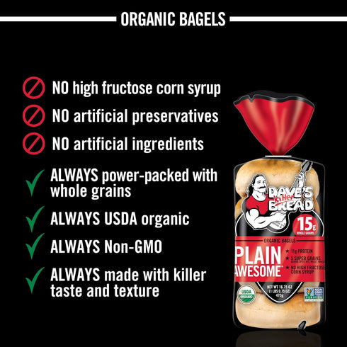 15g 5 Count Dave's Killer Bread Plain Awesome Bagels, Organic Bagels, Whole Grains per Bagel