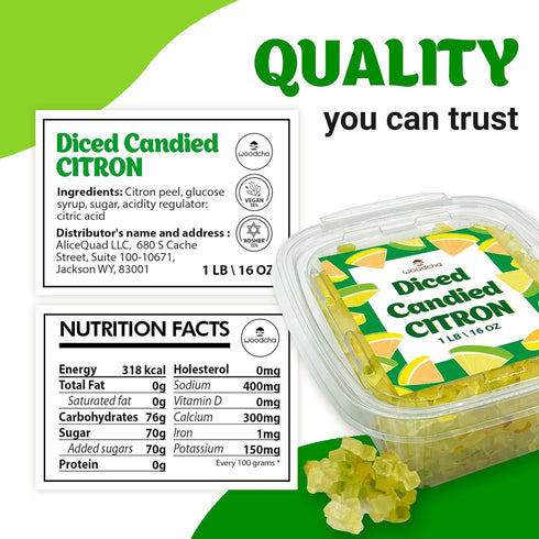 16oz Diced Candied Citron, Glazed Citron Peel For Baking, Candied Fruit or Fruitcake, Fruit Snacks, No GMO, Vegan