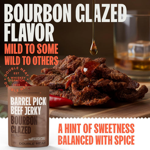 DOUBLE NEAT 2 Pack 3 Barrel Pick Bourbon Glazed Beef Jerky Gluten Free Gourmet Stocking Stuffers Men Whiskey Infused