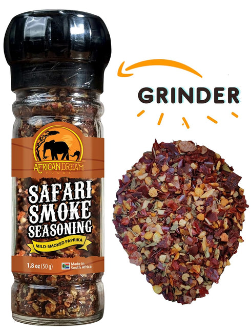 Safari Smoke Seasoning by African Dream Foods | All-Natural Smoky Seasoning | Made with Smoked Paprika Flakes, Dried Garlic, Basil, Sea Salt| 2-Pack Reusable Glass Grinder