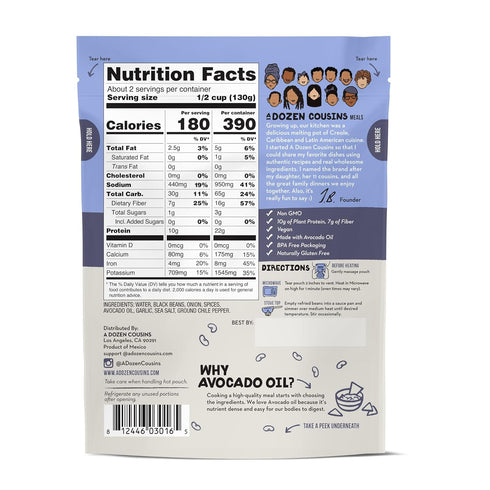 Dozen 6pk, A Cousins Vegan Refried Black Beans Seasoned Healthy Microwave Beans in Avocado Oil, Ready to Eat Prepared