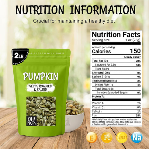 2 lb Packed Oh! Nuts Pumpkin Seeds - Roasted Salted - - No Shell Pepitas - in New York Zip-Seal Bag for Exceptional