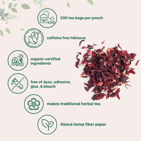 200 Count Organic Hibiscus Tea Bags, | Premium Source from Hibiscus Flowers | Caffeine Free Herbal Tea | Eco-Friendly