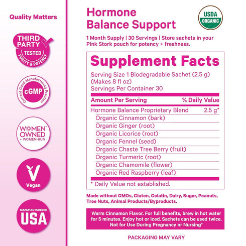 30 Pink Stork Hormone Balance Tea for Women Red Raspberry Leaf & Chasteberry (Vitex) Organic Herbal Tea for PMS