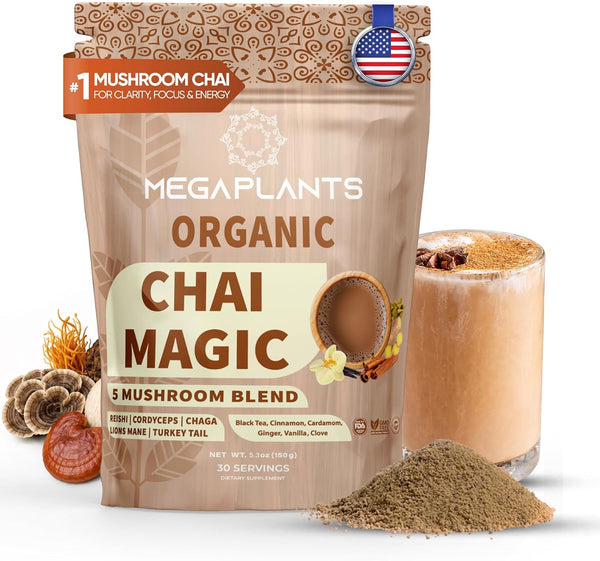 MegaPlants Adaptogenic Mushroom Chai Tea (30 Servings) | No Crash Energy &