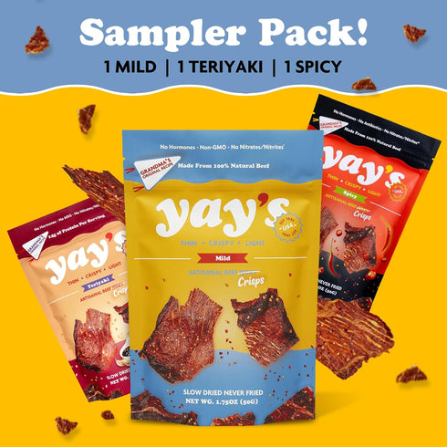 Pack Pack 3 3 (1.75 oz Yay's Beef Jerky Sampler Healthy High-Protein Snacks, Variety of Flavors (Mild, Spicy