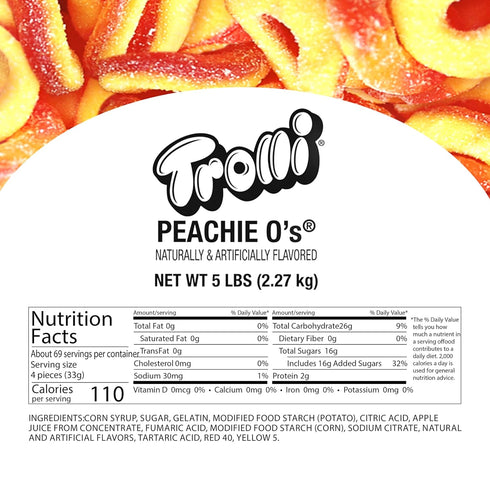 Gummy 5 Trolli Peachie O's Sour Rings Candy, Pound Bulk Bag