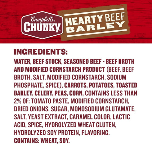 18.8 Oz 12) Campbells Chunky Soup, Hearty Beef and Barley Soup, Can (Case