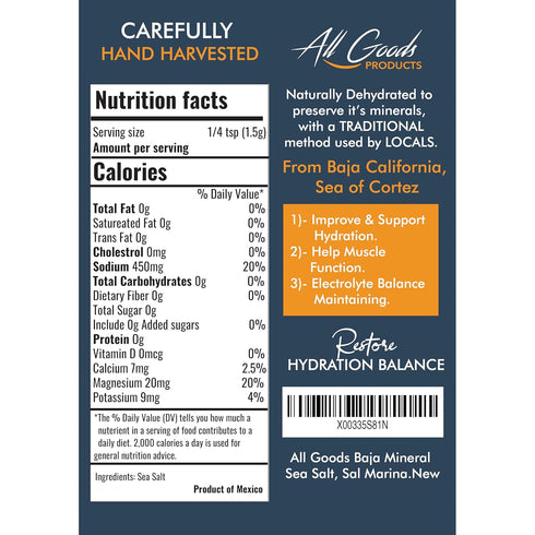 8 oz, 100% 90+ 30% All Goods Products Mineral Sea Salt Fine Grain, Natural, Hand-Harvested, Loaded with Essential
