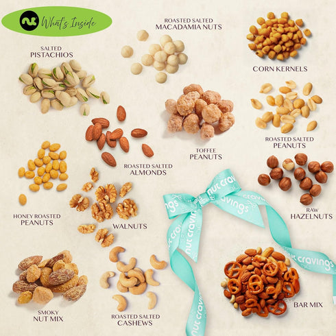 (12 Package NUT CRAVINGS Gourmet Collection - Thank You Appreciation, Nuts Gift Basket with TY Ribbon + Greeting Card